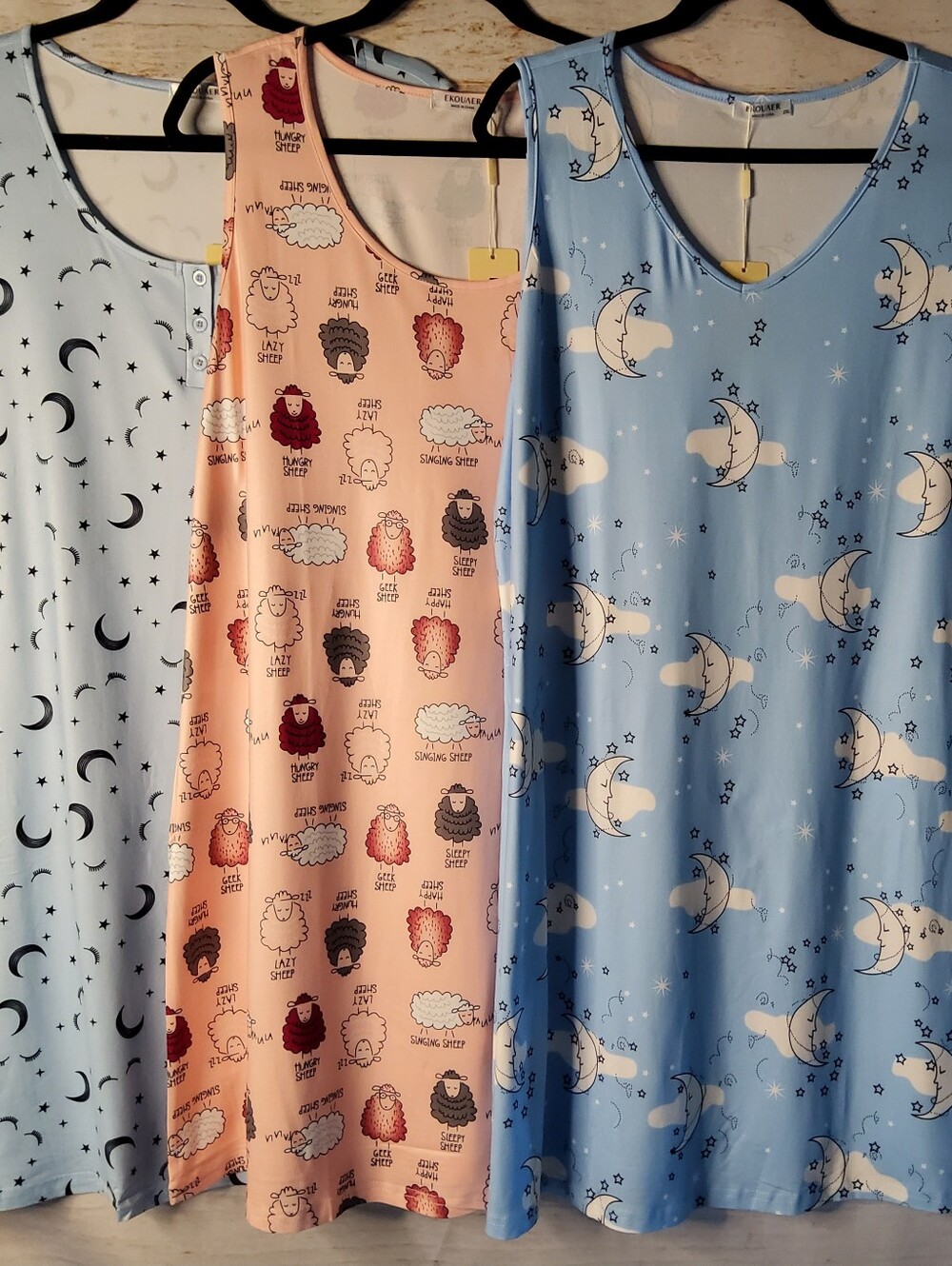 Women's Sleeveless Nightgown Trio -Light Blue Moon & Stars, Pink Sheep Print 2XL